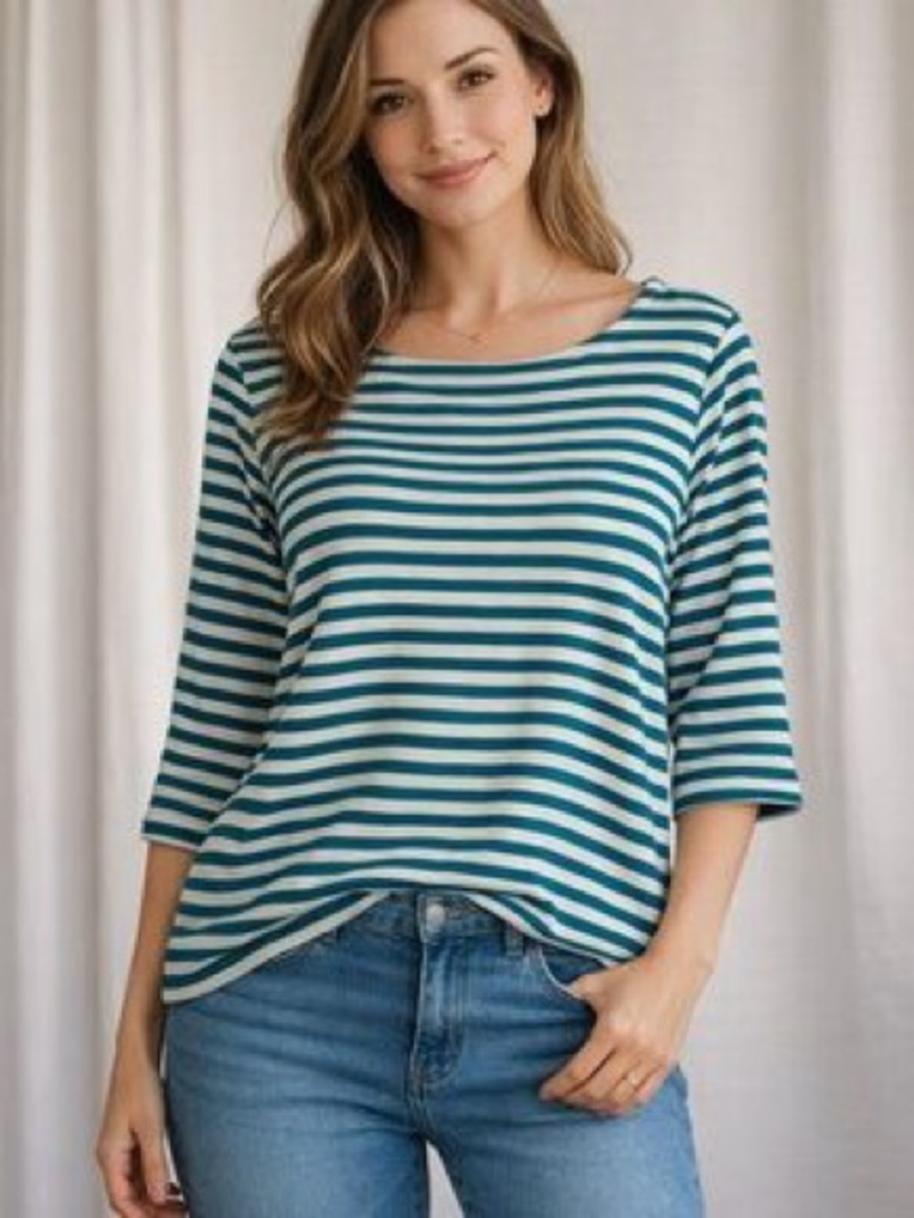 NWT Lands' End Women's Striped Boatneck Top 3/4 Sleeves Cotton XXL